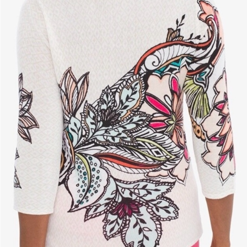 🌺 Chico's Cream Colorful Floral 3/4 Sleeves Pullover Lightweight Sweater Size: M - Picture 2 of 12